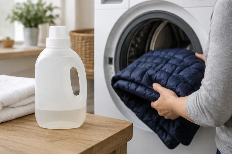 Een donkerblauwe donsjas wordt in een wasmachine met voorlader geplaatst, naast een fles wasmiddel.