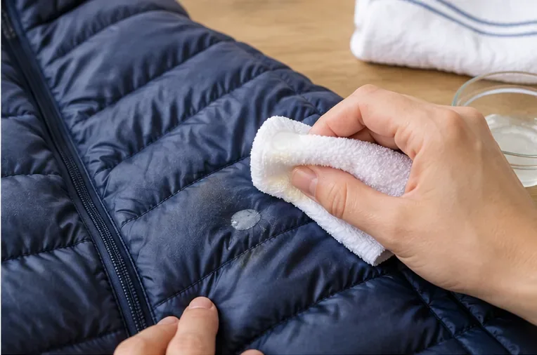 Met een schone, witte doek wordt voorzichtig een zichtbare vlek op de buitenkant van een donkerblauwe gewatteerde donsjas verwijderd.