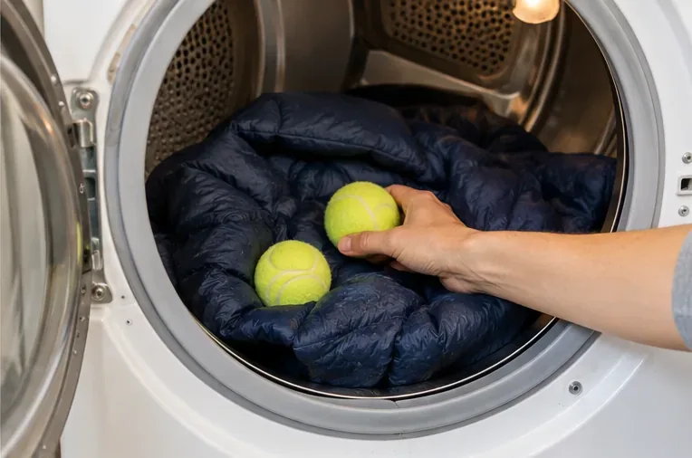 Twee schone tennisballen worden samen met een natte donkerblauwe donsjas in een wasdroger geplaatst.