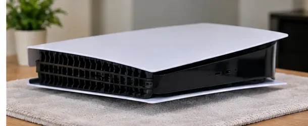 Een afgekoelde PS5 ligt horizontaal op een schone handdoek, waarbij de zwarte ventilatieopeningen aan de buitenkant volledig zichtbaar zijn voor reiniging.