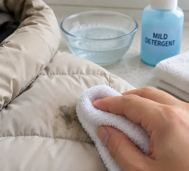 Een hand dept voorzichtig een vuile plek op een licht gewatteerd jack met een witte doek en een mild schoonmaakmiddel.