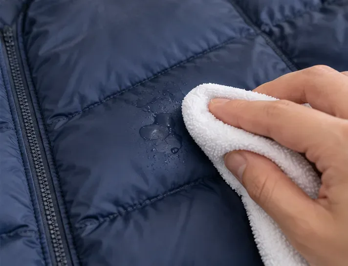 Waterdruppels parelen op de donkerblauwe buitenkant van een schone gewatteerde jas terwijl een witte doek het oppervlak raakt.