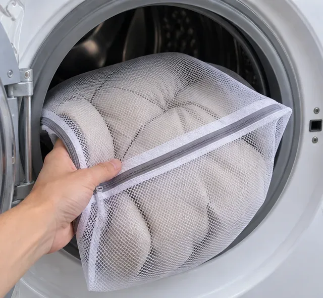 Een dun, gewatteerd jack ligt losjes in een grote waszak van netstof bij de deur van een wasmachine met voorlader.