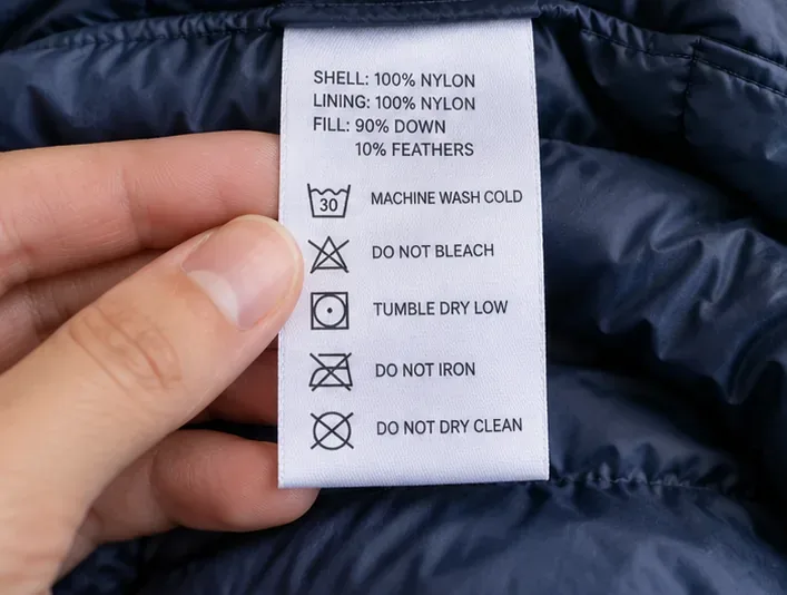 Op het wasvoorschrift van een marineblauwe gewatteerde jas staat vermeld dat de buitenkant van nylon is gemaakt en de vulling van dons en veren.
