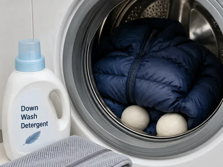 Een donkerblauwe gewatteerde jas in een wasmachine met voorlader, een fles donsreiniger en twee wollen droogballen in de buurt.