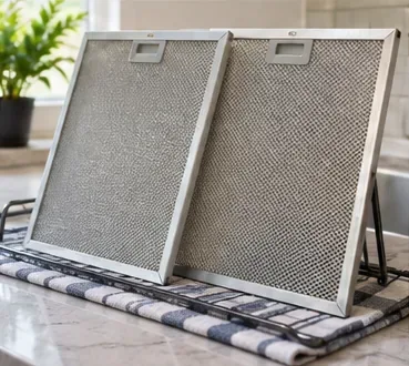 Twee schone metalen afzuigkapfilters staan ​​rechtop op een opgevouwen keukendoek om aan de lucht te drogen.