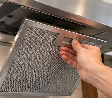 Handen laten een rechthoekig metalen vetfilter van onder een roestvrijstalen afzuigkap zakken.