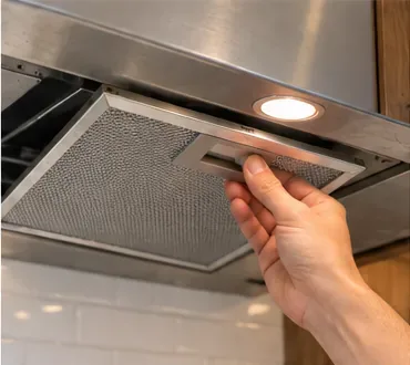 Handen tillen een schoon, rechthoekig vetfilter terug in de onderkant van een roestvrijstalen afzuigkap.