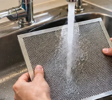 Handen spoelen een schoongemaakt rechthoekig metalen afzuigkapfilter af onder stromend water in een gootsteen.