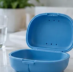 清潔なカウンターの上に、蓋に通気孔が見える状態で、空の青いリテーナーケースが開いたまま置かれている。