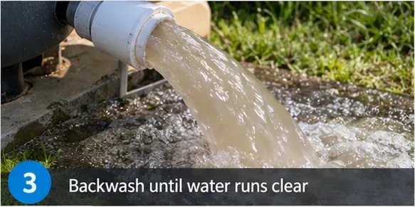 Troebel spoelwater dat uit de afvoerleiding van een zwembadfilter buiten stroomt.