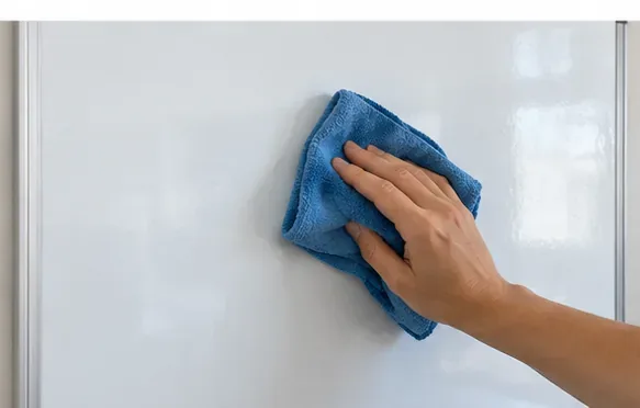 Een hand veegt met een schone blauwe microvezeldoek nog een laatste keer over een helder wit schoolbord nadat de meeste resten zijn verwijderd.