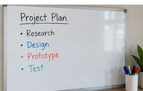 Een schoon ogend whiteboard met duidelijke projectnotities en weinig zichtbare markerstrepen op het schrijfoppervlak.