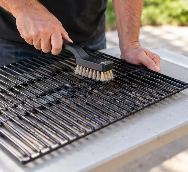 Een persoon maakt een verwijderd grillrooster van een pelletgrill schoon met een dikke nylonborstel op een buitenwerkplek.