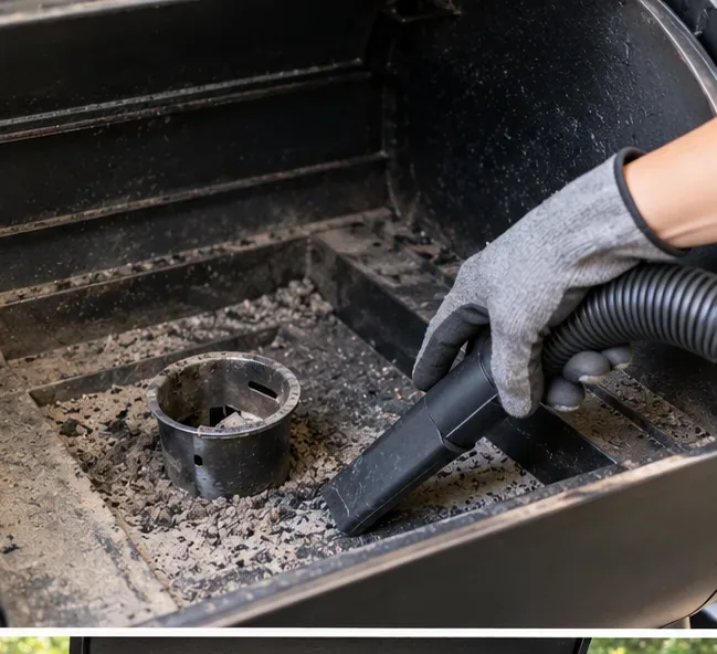 Een gehandschoende hand gebruikt de slang van een bouwstofzuiger om koude, grijze as rond de vuurpot in een pelletgrill te verwijderen.