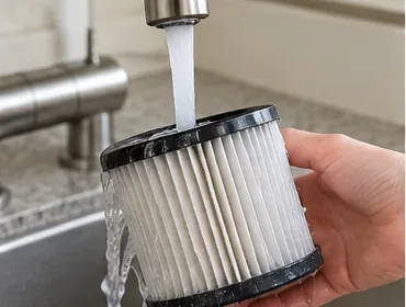 プリーツ状の掃除機用フィルターが、流し台のきれいな水で洗い流されている。