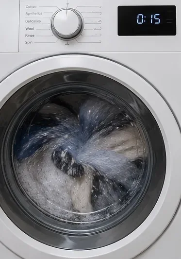 フィルター清掃後、短時間のすすぎまたは排水テストサイクルを実行している前面投入式洗濯機。