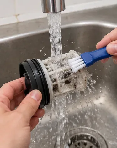 洗濯機のポンプフィルターを流水ですすぎ、柔らかいブラシで優しくこすっている。