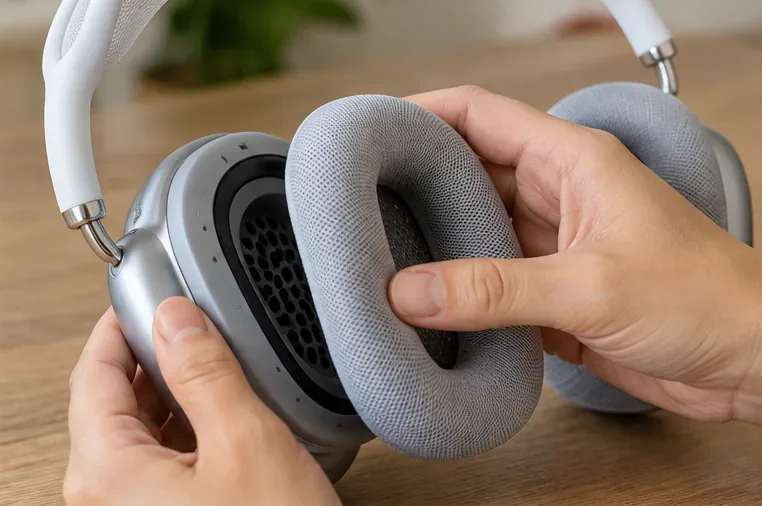 清潔なテーブルの上で、銀色のイヤーカップから灰色のAirPods Maxのクッションを慎重に持ち上げる手。