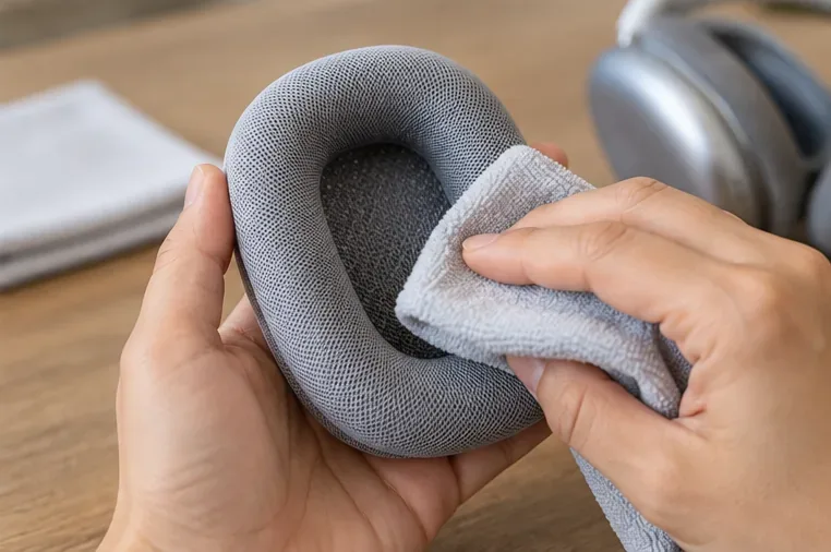 背景には、取り外したグレーのAirPods Maxのイヤーパッドが、湿らせた糸くずの出ない布で優しく拭かれている様子が写っている。