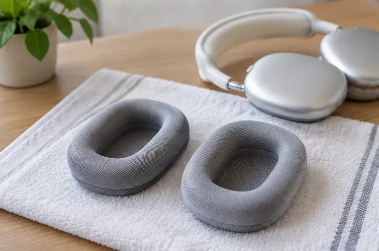 取り外した2つのグレーのAirPods Maxクッションが清潔なタオルに平らに置かれ、ヘッドホン本体はその後ろに置かれている。
