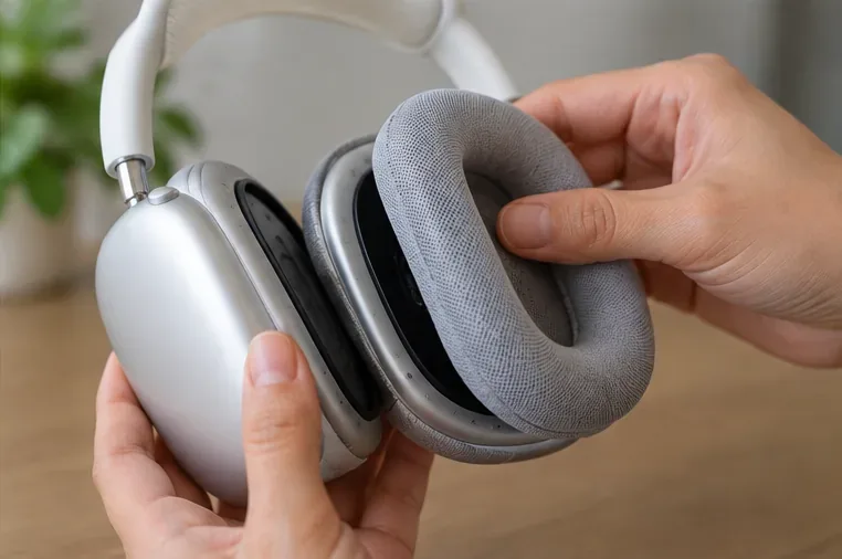 乾いた灰色のAirPods Maxのイヤーパッドを銀色のイヤーカップに合わせ、再び取り付けようとしている手。