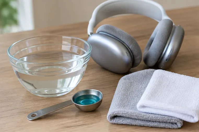 木製のテーブルの上に、AirPods Max、糸くずの出ない布2枚、水を入れたボウル、そして少量の液体洗剤が並べられている。