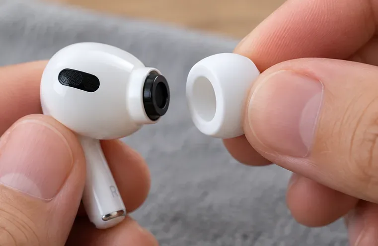 取り付け前に、清潔なAirPods Proのイヤーチップをイヤホンの楕円形のコネクタの真前に当ててください。