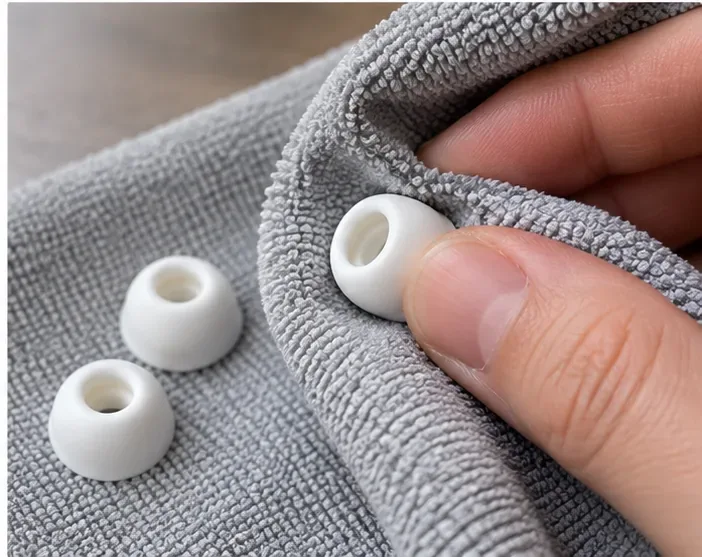 白いAirPods Proのイヤーチップを、柔らかいグレーのマイクロファイバークロスで優しく拭いて乾かしている。
