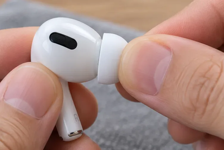 白いAirPods Proのイヤーチップを、ベース部分がコネクタとぴったり合うまでイヤホンに押し込む。