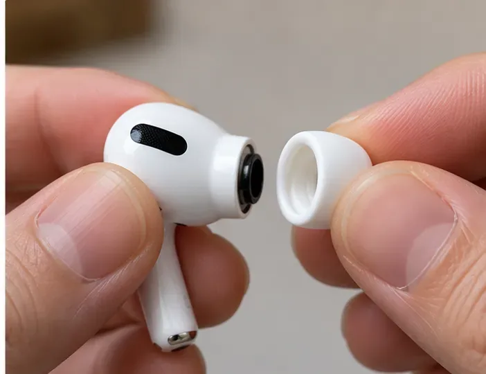 イヤホン本体から外れたAirPods Proのイヤーチップを、指で根元付近をつないでいる様子をクローズアップした画像。