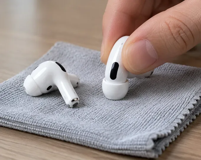白いAirPods Proを、クリーニングのためにイヤーチップを取り外す前に、清潔なグレーのマイクロファイバークロスの上に置いている。