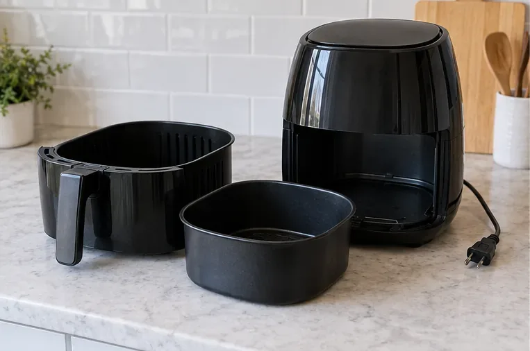 Een zwarte airfryer met mandje, die niet op het stopcontact is aangesloten, staat op het aanrecht in de keuken, zonder mandje en binnenpan.