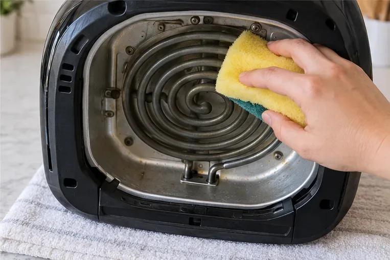 Het afgekoelde verwarmingselement van een spiraalvormige airfryer afvegen met de zachte, gele kant van een vochtige keukenspons.