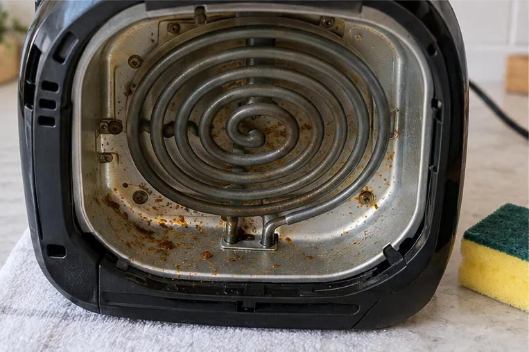 Close-up van een spiraalvormig verwarmingselement van een airfryer met aangekoekte voedselresten en vet rondom de metalen binnenkant.