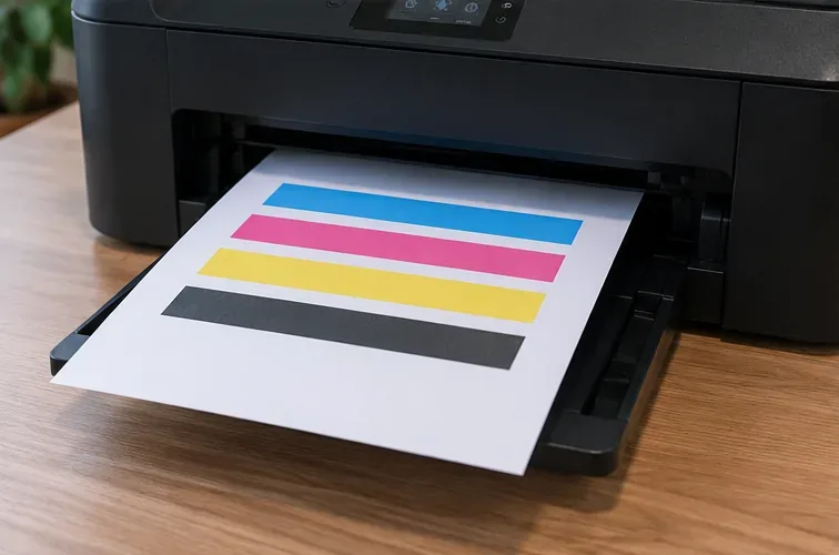 Een inkjetprinter die een testpagina afdrukt met effen horizontale strepen in cyaan, magenta, geel en zwart.