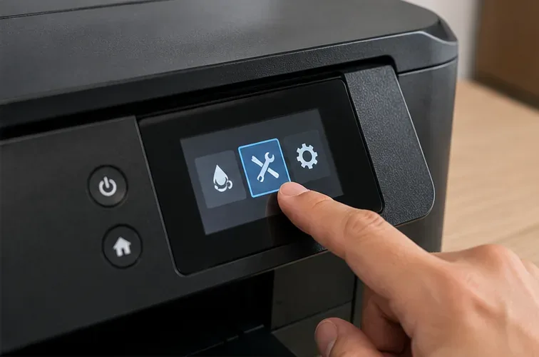 Een hand selecteert een pictogram voor een onderhoudsgereedschap op het touchscreen van een zwarte inkjetprinter.