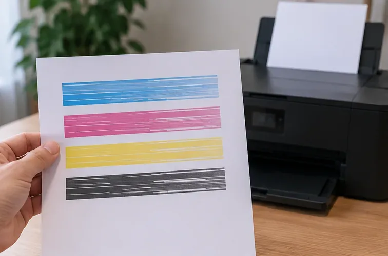 Een geprint kleurentestvel met horizontale tussenruimtes en strepen in cyaan, magenta, geel en zwart, voor een inkjetprinter.