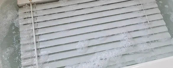 白い横長のブラインドの羽根が、浴槽の中の浅い泡立った水の中に浮かんでいる。