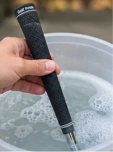 洗浄前に、表面がざらざらしたゴム製のゴルフグリップを、クラブ全体を水に浸さずに、洗面器の上で軽く濡らしている。