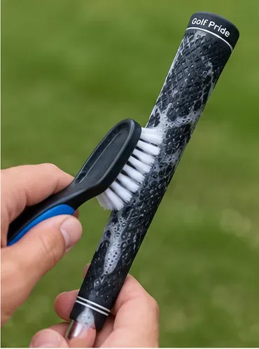 柔らかいブラシで、ゴム製のゴルフグリップの凹凸のある表面に、少量の石鹸の泡を塗り込んでいく。