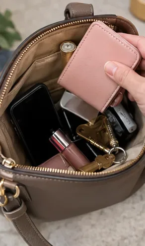 Een hand haalt een klein roze portemonneetje uit een bruine tas vol alledaagse spullen, voordat de binnenkant wordt schoongemaakt.