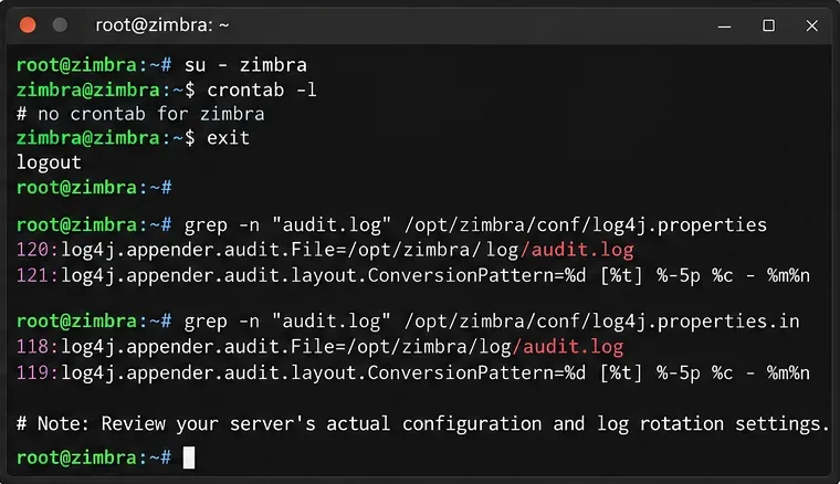 Zimbra Log4j設定ファイル内のzimbraユーザーのcrontabとaudit.log参照の確認画面を表示するターミナル