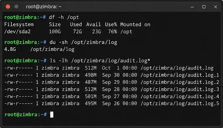 クリーンアップ前にZimbraログとaudit.logのディスク使用量を測定するために使用されたdf、du、lsコマンドを表示するターミナル画面
