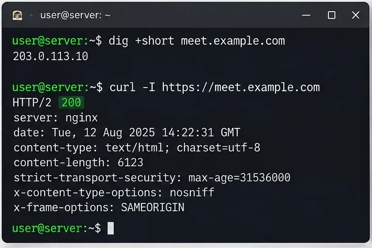 Terminal ejecutando dig para meet.example.com y curl -I contra su URL HTTPS con una respuesta 200