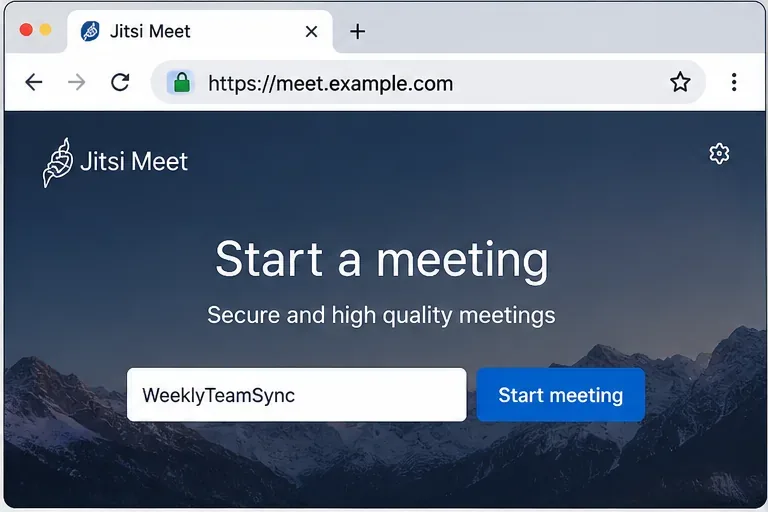 El navegador muestra una página de inicio de Jitsi Meet en https://meet.example.com con un campo de nombre de reunión.