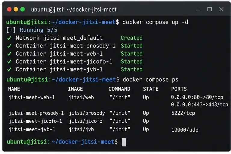 Terminal Docker Compose que muestra los contenedores Jitsi web, Prosody, Jicofo y JVB iniciados.