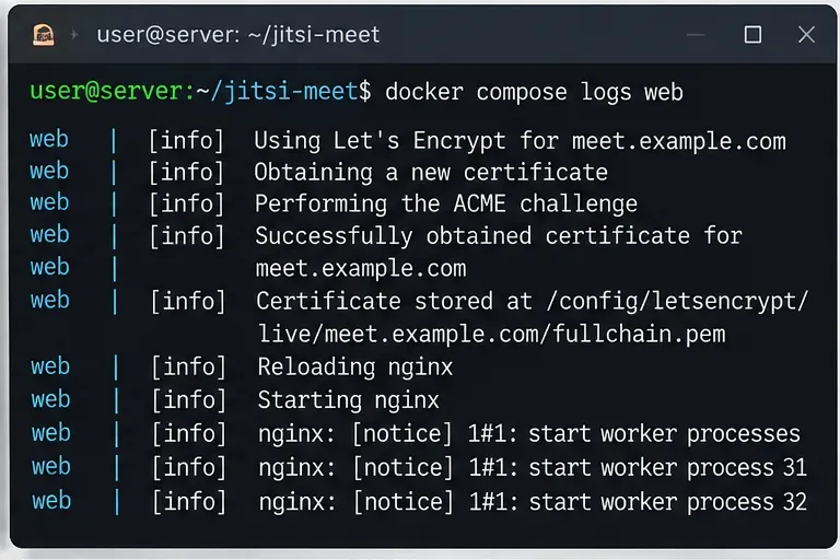 Registros web de Docker Compose que muestran una solicitud de certificado y mensajes de inicio de nginx para meet.example.com.