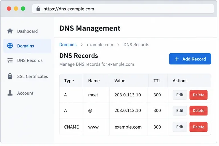 Pantalla de administración de DNS con un registro A para meet.example.com que apunta a una dirección IP del servidor.