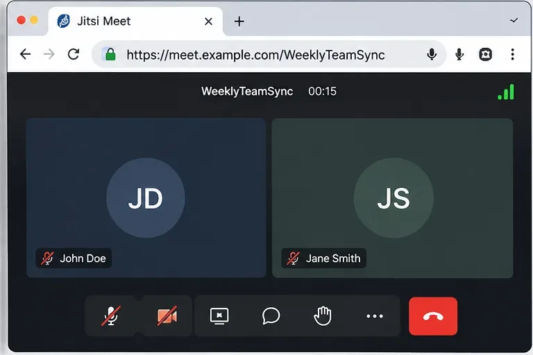 Llamada desde el navegador Jitsi Meet en meet.example.com que muestra dos participantes y los controles de la reunión.